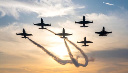 Formation of six jet aircraft silhouetted against a vibrant sunset, leaving contrails