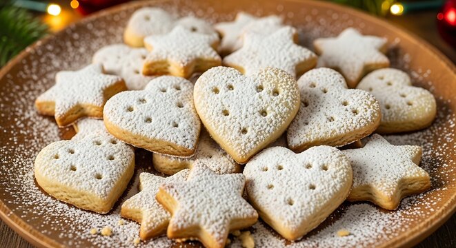 A wooden plate filled with star and heart shaped cookies dusted sugar