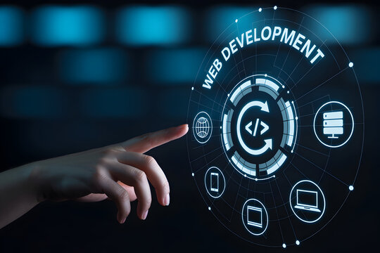 Hand interacting with web development interface on a digital screen showcasing coding server globe mobile and desktop icons for software and application design and deployment - Powered by Adobe