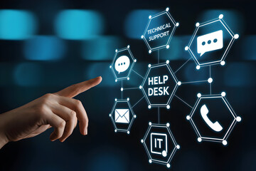 Finger touching a digital interface displaying help desk technical support it email and phone icons on a dark blue background representing customer service and online assistance solutions