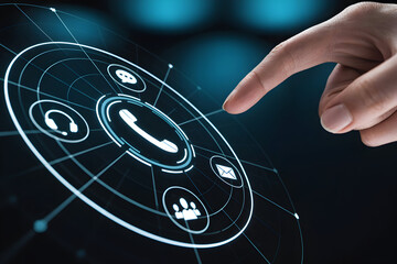 Finger interacts with a futuristic interface displaying communication icons for call email chat support and team collaboration on a glowing digital screen