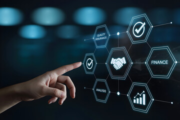 Hand interacting with digital interface displaying quality assurance finance analysis and partnership icons for business strategy and process management solutions