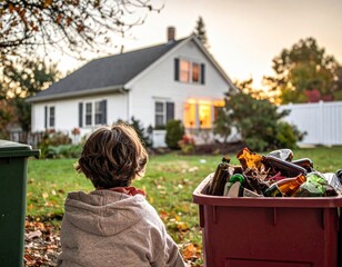 Young child sorting recycling bins for environmental sustainability outside a suburban home at dusk