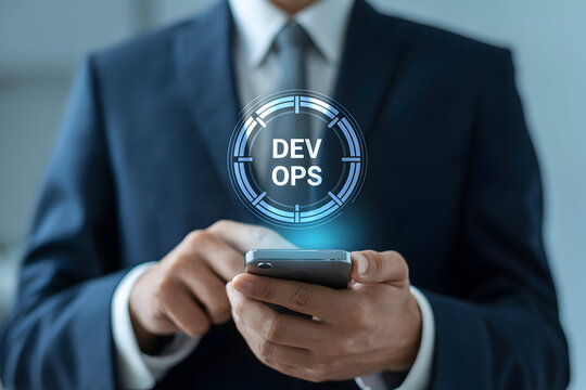 Businessman using smartphone with devops technology showcasing automation collaboration and continuous delivery in software development processes for efficiency