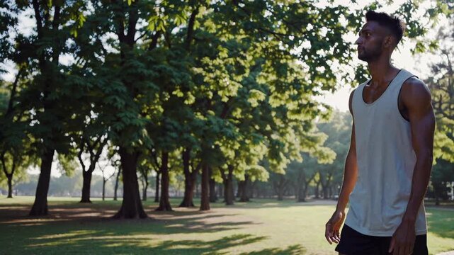 young male athlete walking through a peaceful park, perfect for illustrating an animation sequence or creating a captivating stop motion effect