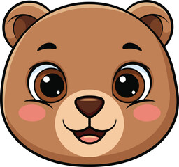 Cute brown bear face vector illustration, happy animal head cartoon for kids, isolated mascot icon for nursery decoration, smiling forest character.