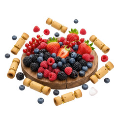 Mixed Berries and Biscuits on Wooden Slice with Golden Background