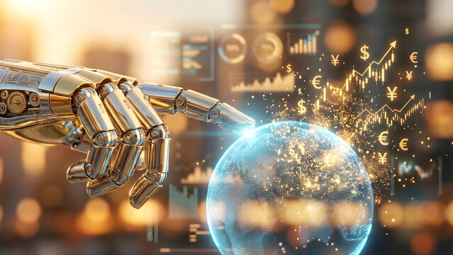 A golden robotic hand touches a glowing digital globe, interacting with financial data, currency symbols, and stock market graphs over a blurred cityscape.
