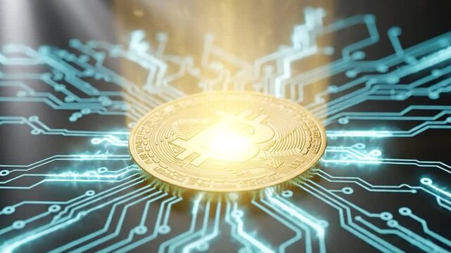 Stunning golden Bitcoin resting on circuit board for blockchain security
