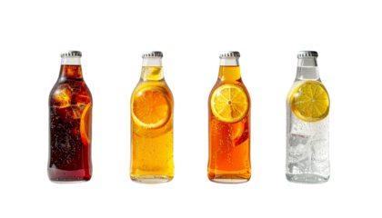 Collection of four glass soda bottles, isolated on transparent background 
