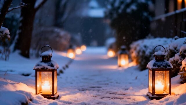 outdoor path lined with warm lanterns in snow, gentle snowfall, inviting warm cold contrast, cozy atmosphere, perfect for winter solstice
