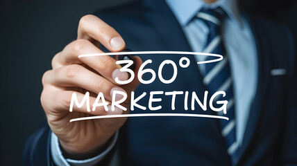 Businessman writing 360 degree marketing strategy on glass board with a marker showcasing business development and innovative advertising solutions for growth and success