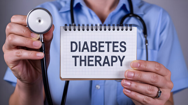Doctor holds stethoscope and notebook with diabetes therapy text emphasizing medical care and treatment options for managing diabetes and improving patient health - Powered by Adobe