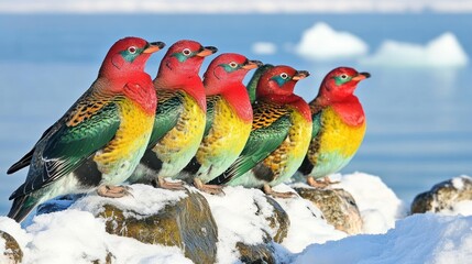 Colorful birds perched on snowy rock, icebergs in background, bright