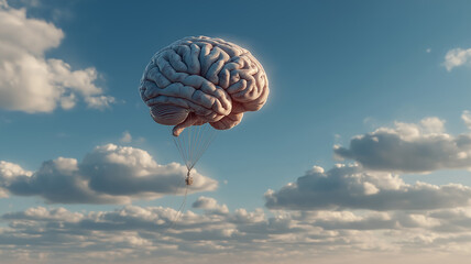 A surreal floating brain drifting through the sky like a hot air balloon, suspended above soft clouds in warm sunlight, blending imagination with science.