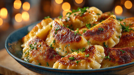A close-up of golden, pan-fried dumplings topped with fresh herbs, glistening with buttery crisp edges, served warm on a plate in a cozy, softly lit setting.
