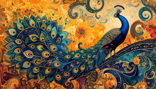Stylized peacock with fanned tail in ornate floral swirl background, symbol of elegance and pride, editorial style with decorative fantasy energy.