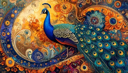 Stylized peacock with fanned tail in ornate floral swirl background, symbol of elegance and pride, editorial style with decorative fantasy energy.