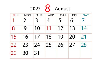2027年カレンダー8月