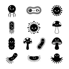 Adorable kawaii microbes and fungi characters with happy faces, perfect for educational and playful science themes