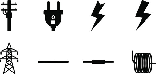 Electricity and power icon vector set, energy symbols collection featuring plug, lightning bolt, powerline tower, cable coil and electrical components illustration