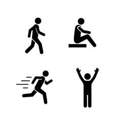Dynamic human icons showcase walking, sitting, running, and celebrating actions for modern design and informational graphics