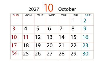 2027年カレンダー10月