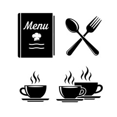 Iconic restaurant symbols menu, spoon fork, and steaming coffee cups for culinary branding and cafe design inspiration.
