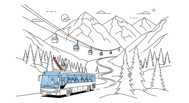 Ski bus drives up to the ski area in the mountains, cable cars float above the slope on a sunny day in winter.
