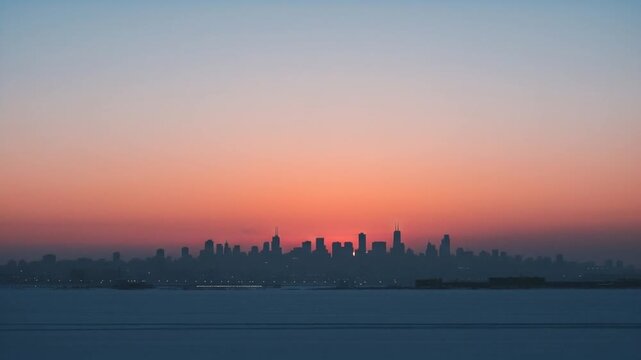 city skyline silhouette at winter sunset, soft gradient sky, subtle snow haze, no identifiable buildings, clean commercial sunset vibe, perfect for winter solstice