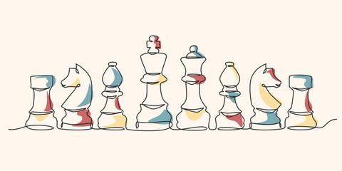 Chess figures set one line drawing. Black silhouettes. King, queen, bishop, pawn, horse, knight, rook single line illustration © Najib Lines