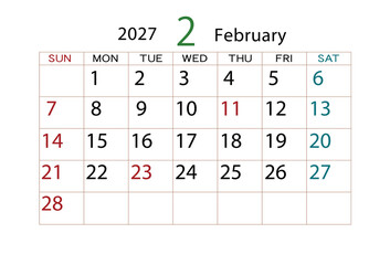 2027年カレンダー2月