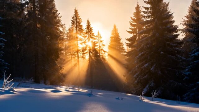 sun rising low through dense pine trees with beams of warm light hitting snow, atmospheric fog, volumetric god rays, perfect for winter solstice