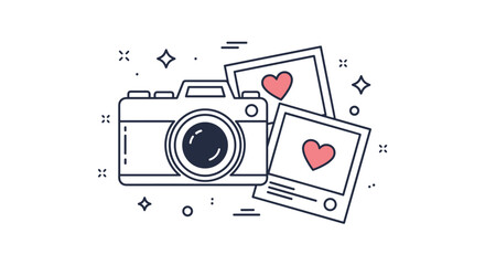 Illustration of a camera with photographs featuring hearts, representing memories, love, or sentimental value in visual storytelling.