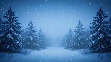 Obraz premium Winter Forest Scene with Snow- Covered Pine Trees and Falling Snow image photo