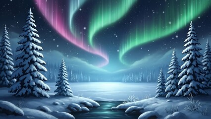 Winter landscape with aurora borealis over frozen lake snow northern lights