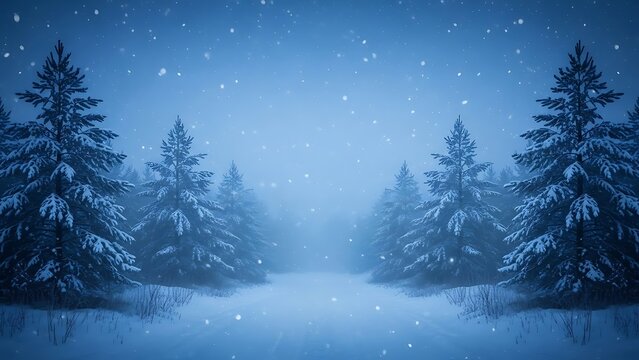 Winter Forest Scene with Snow- Covered Pine Trees and Falling Snow image photo