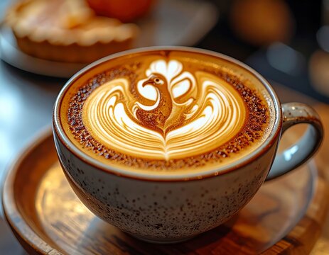 Exquisite latte art featuring a majestic bird design in a cozy cafe setting perfect for a peaceful