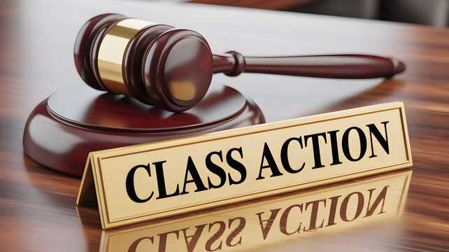 Wooden gavel and class action sign on a polished desk represent legal proceedings and justice in the courtroom setting for lawsuits and settlements