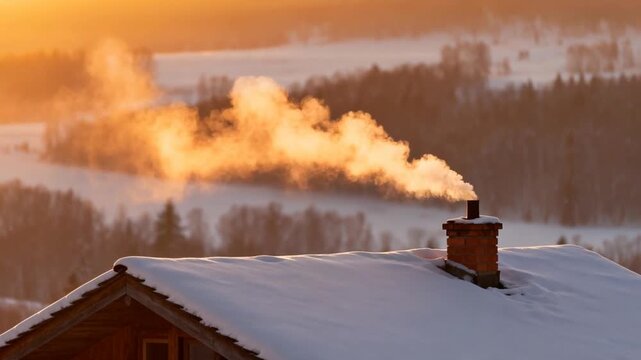 warm smoke drifting from cottage chimney on snowy rooftop, soft golden sunrise, peaceful isolated atmosphere, perfect for winter solstice