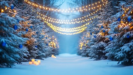 Snowy Path Lined with Decorated Christmas Trees and Lights winter