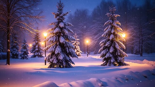Snowy park at night with illuminated trees and lampposts winter - Powered by Adobe