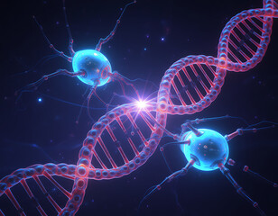 Futuristic DNA strand and neuron network glowing with bright light, symbolizing cutting-edge research and medical breakthroughs in biotechnology innovation