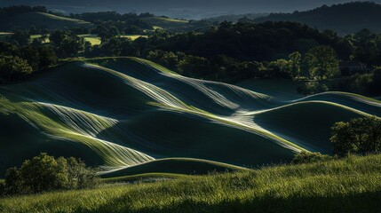 Rolling green hills, fields with shadows, and scattered trees under light