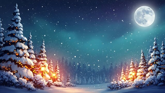 Snowy Winter Night Landscape with Full Moon and Glowing Lanterns image photo