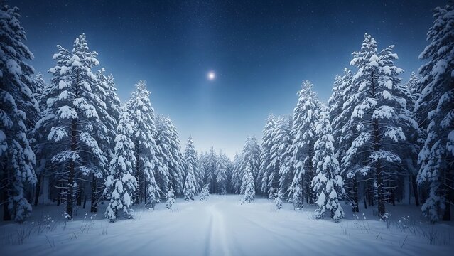 Snowy forest path under starry night sky with moon winter trees