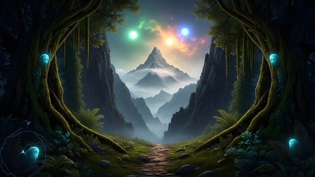 Enchanted Forest Passage to Mountain Valley.
A mysterious mountain valley is seen through arches formed by the roots and trunks of dense, mossy forest trees. A rocky path leads into the distance. The