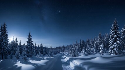 Snowy forest road under starry night sky with moon winter trees