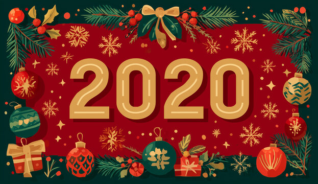 a red and green background with golden numbers "2026" in the center, featuring christmas decorations like reindeer antlers, snowflakes, christmas balls, presents, and pine trees.