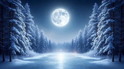 Snowy forest landscape with a full moon over an icy path winter trees